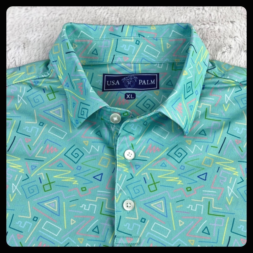 USA PALM Polo Shirt Men's XL Teal Performance Stretch Tropical 80s Party Vibe‎